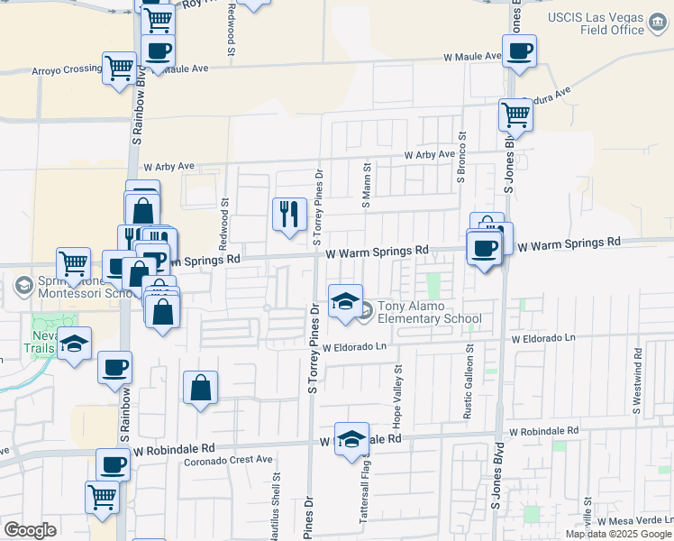 map of restaurants, bars, coffee shops, grocery stores, and more near 7333 Lagoon Blue Street in Las Vegas