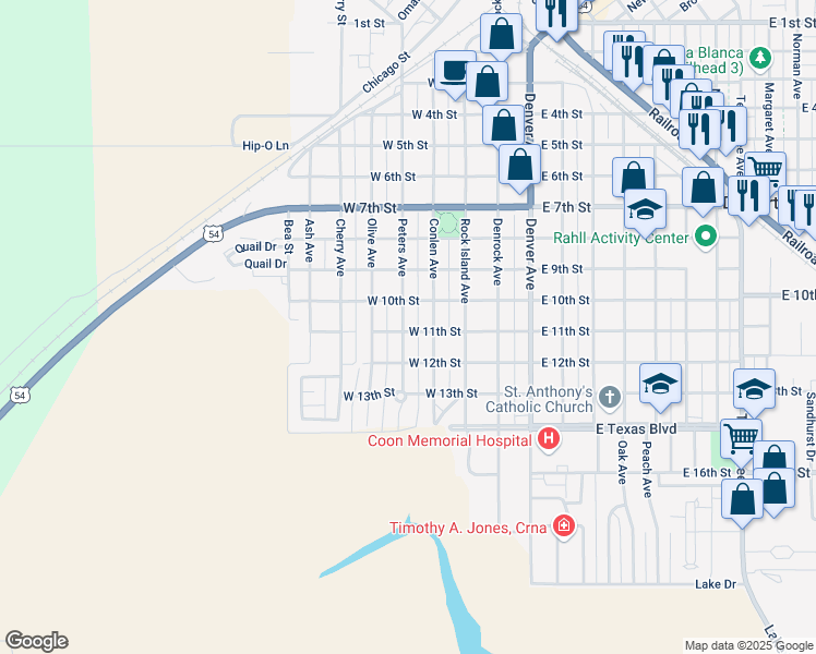 map of restaurants, bars, coffee shops, grocery stores, and more near 1021 Peters Avenue in Dalhart