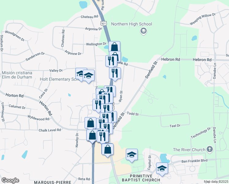 map of restaurants, bars, coffee shops, grocery stores, and more near 4414 North Roxboro Street in Durham