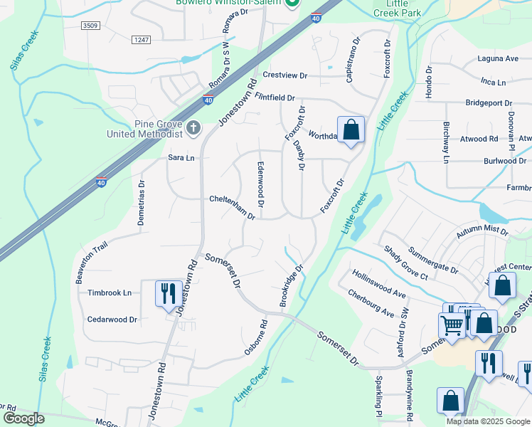 map of restaurants, bars, coffee shops, grocery stores, and more near 1191 Edenwood Drive in Winston-Salem