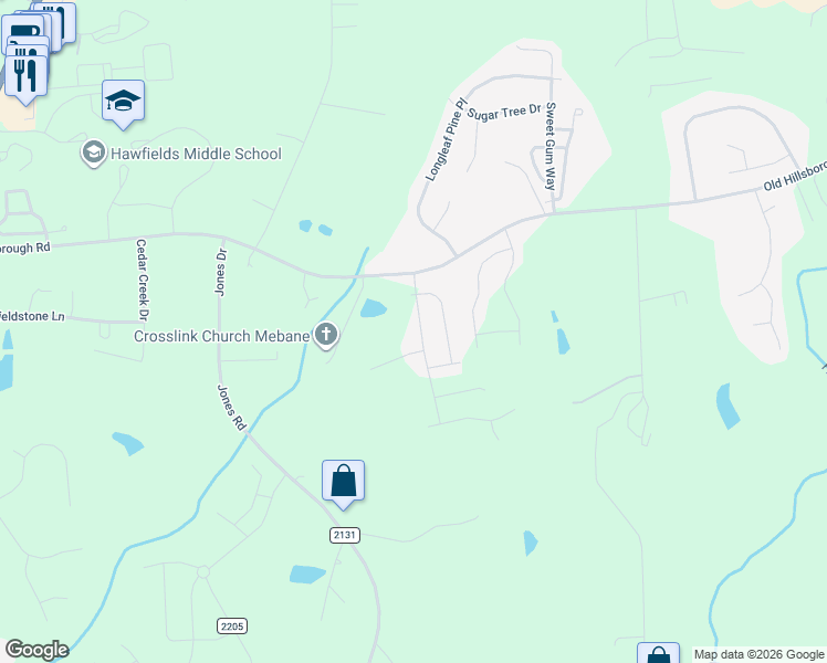 map of restaurants, bars, coffee shops, grocery stores, and more near 1020 Brockton Drive in Mebane