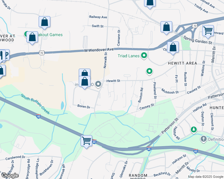map of restaurants, bars, coffee shops, grocery stores, and more near 1012 West Barton Street in Greensboro