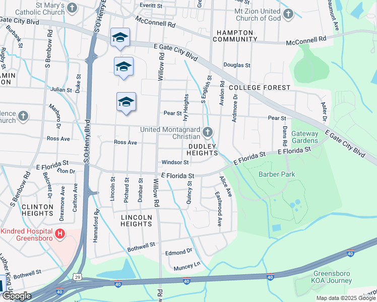 map of restaurants, bars, coffee shops, grocery stores, and more near 2202 Joe Louis Avenue in Greensboro