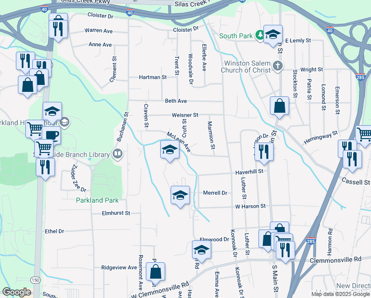 map of restaurants, bars, coffee shops, grocery stores, and more near 500 McLean Avenue in Winston-Salem