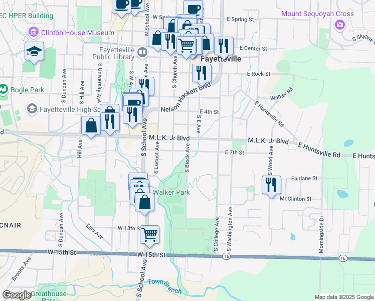 map of restaurants, bars, coffee shops, grocery stores, and more near 693 South Block Avenue in Fayetteville
