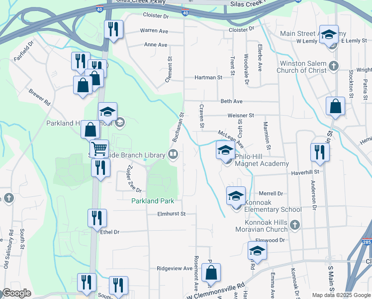 map of restaurants, bars, coffee shops, grocery stores, and more near 3021 Fleet Street in Winston-Salem