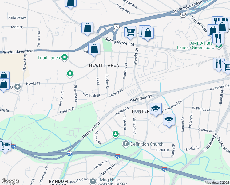 map of restaurants, bars, coffee shops, grocery stores, and more near 3810 Causey Street in Greensboro