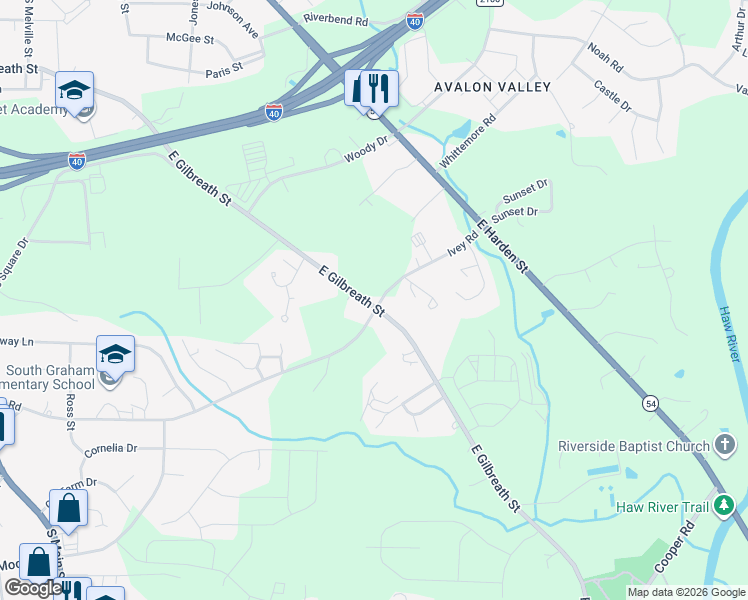 map of restaurants, bars, coffee shops, grocery stores, and more near 851 East Gilbreath Street in Graham