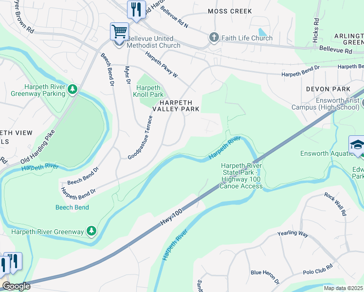 map of restaurants, bars, coffee shops, grocery stores, and more near 620 Harpeth Knoll Road in Nashville