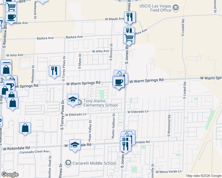 map of restaurants, bars, coffee shops, grocery stores, and more near 7341 San Pablin Street in Las Vegas