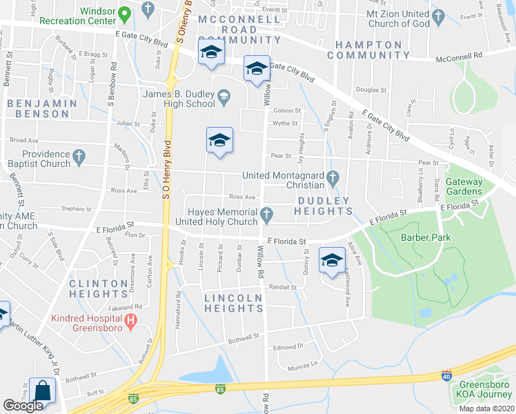 map of restaurants, bars, coffee shops, grocery stores, and more near 1504 Willow Road in Greensboro