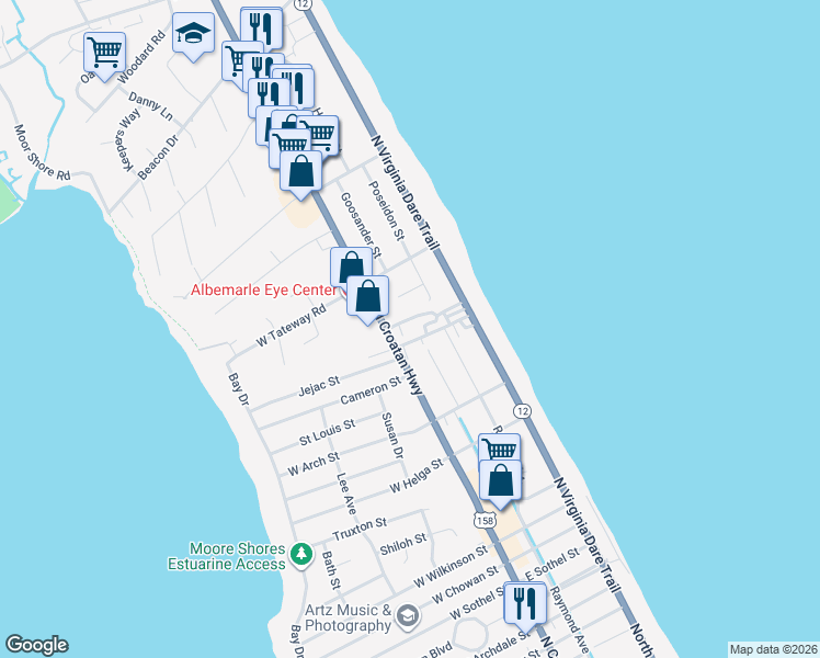 map of restaurants, bars, coffee shops, grocery stores, and more near 106 East Sibbern Drive in Kitty Hawk