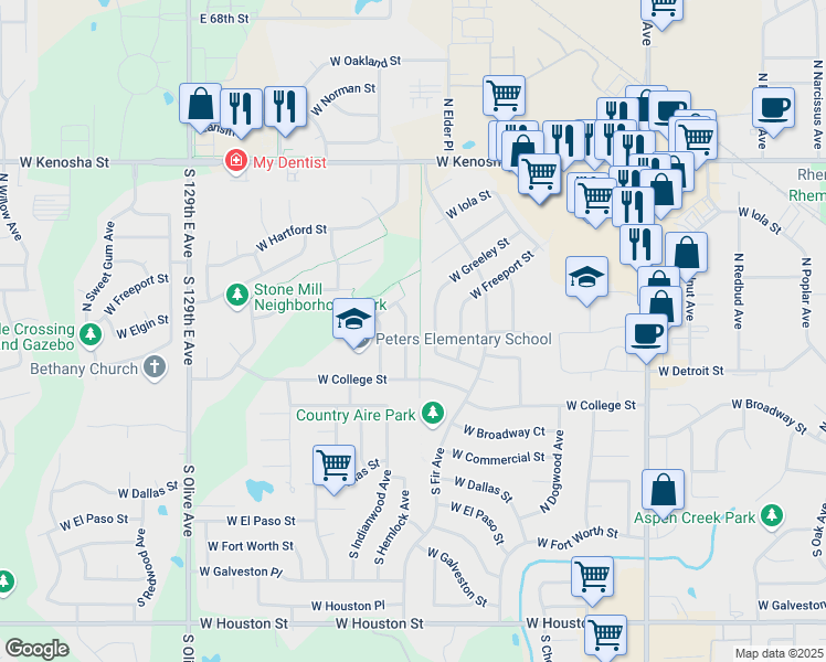 map of restaurants, bars, coffee shops, grocery stores, and more near 313 North Hemlock Avenue in Broken Arrow