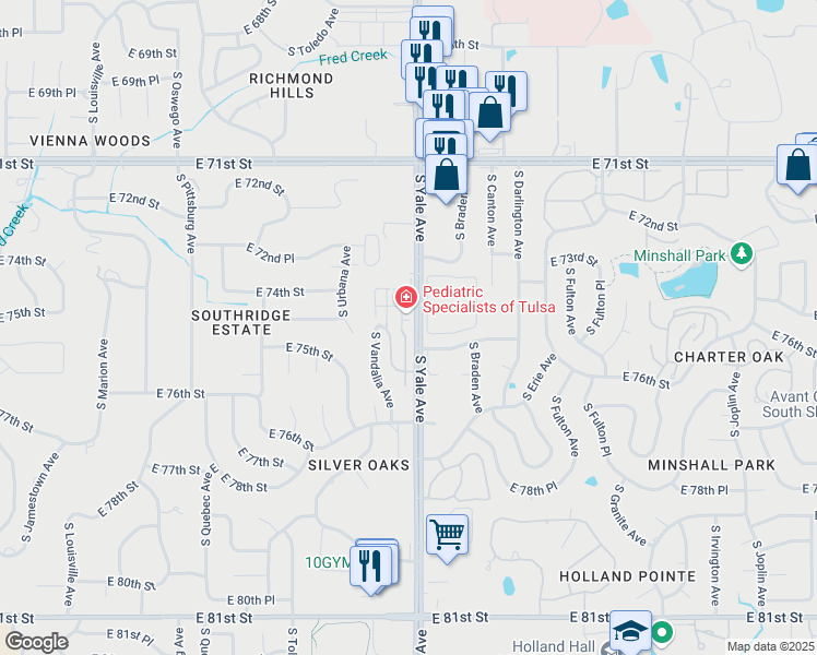 map of restaurants, bars, coffee shops, grocery stores, and more near 7424 South Yale Avenue in Tulsa