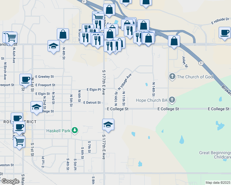 map of restaurants, bars, coffee shops, grocery stores, and more near 390 North 10th Street in Broken Arrow