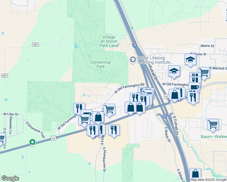 map of restaurants, bars, coffee shops, grocery stores, and more near 2890 West Old Farmington Road in Fayetteville