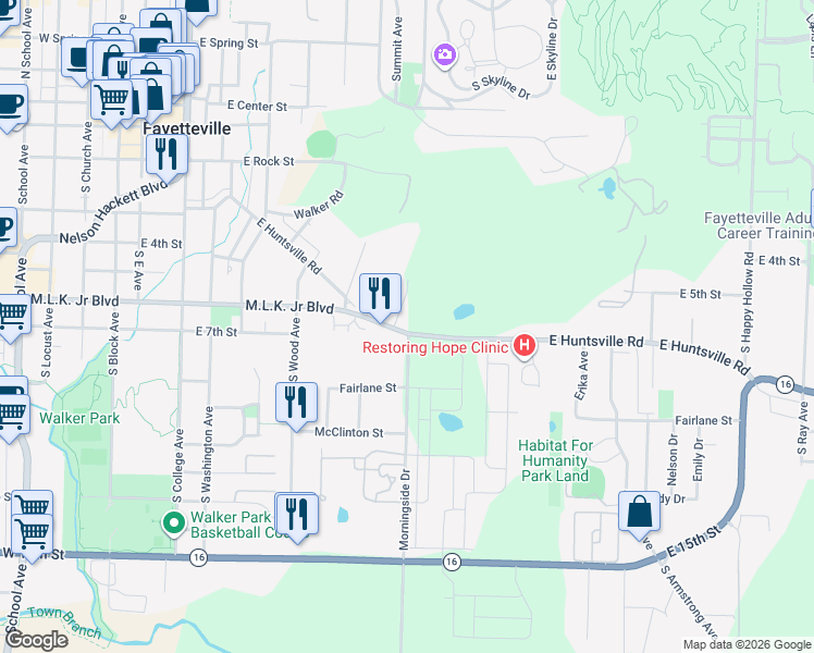 map of restaurants, bars, coffee shops, grocery stores, and more near 660 East Huntsville Road in Fayetteville