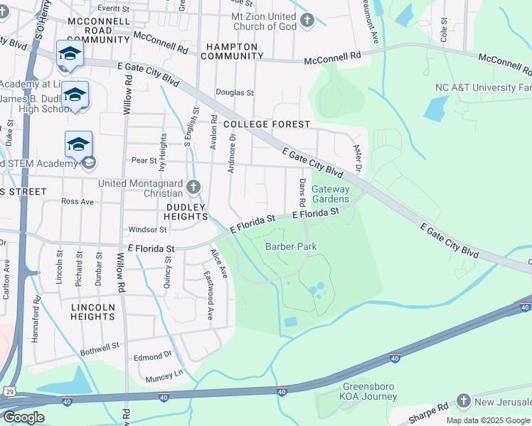 map of restaurants, bars, coffee shops, grocery stores, and more near 2409 East Florida Street in Greensboro