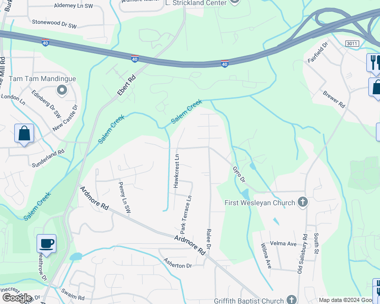 map of restaurants, bars, coffee shops, grocery stores, and more near 1950 Gyro Drive in Winston-Salem