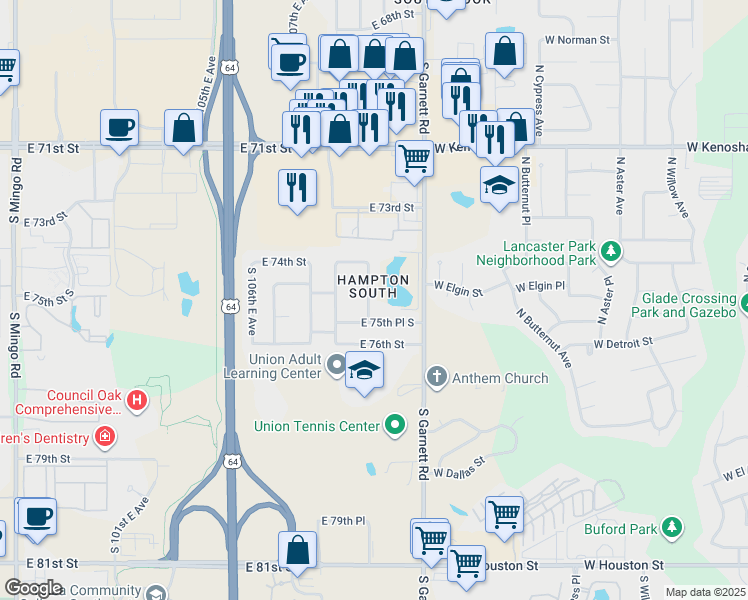 map of restaurants, bars, coffee shops, grocery stores, and more near 7435 South 111th East Avenue in Tulsa