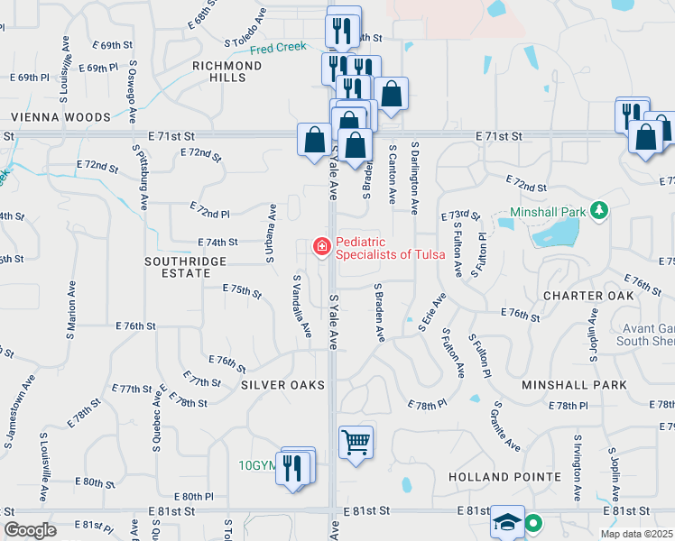 map of restaurants, bars, coffee shops, grocery stores, and more near 7424 South Yale Avenue in Tulsa