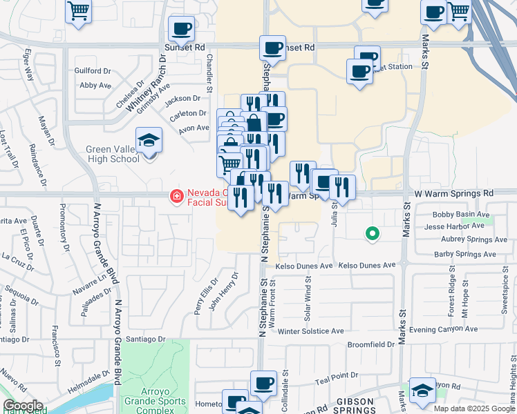 map of restaurants, bars, coffee shops, grocery stores, and more near 375 North Stephanie Street in Henderson