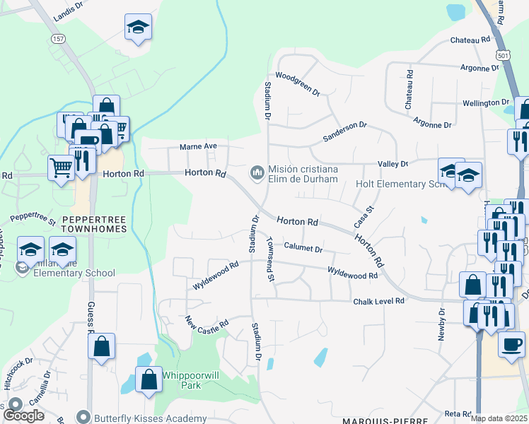 map of restaurants, bars, coffee shops, grocery stores, and more near Horton Road in Durham