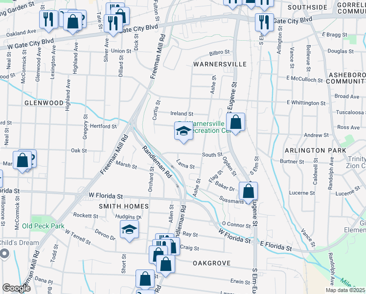 map of restaurants, bars, coffee shops, grocery stores, and more near 502 South Street in Greensboro
