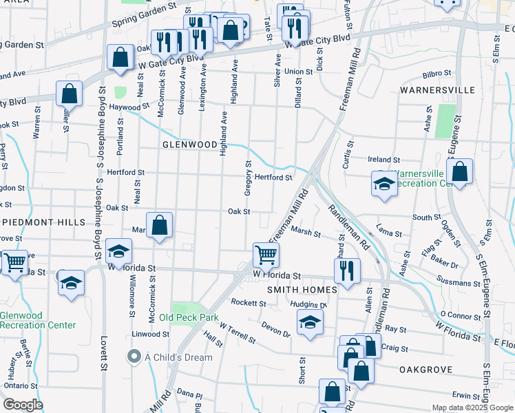 map of restaurants, bars, coffee shops, grocery stores, and more near 806 Oak Street in Greensboro
