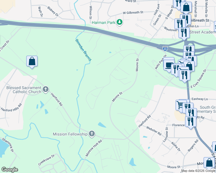 map of restaurants, bars, coffee shops, grocery stores, and more near 1160 Gant Road in Graham
