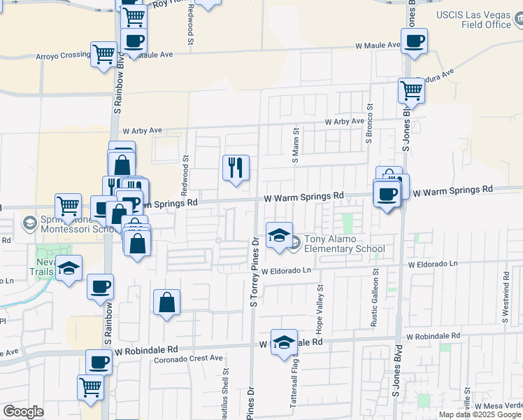 map of restaurants, bars, coffee shops, grocery stores, and more near 7323 Prussian Green Street in Las Vegas