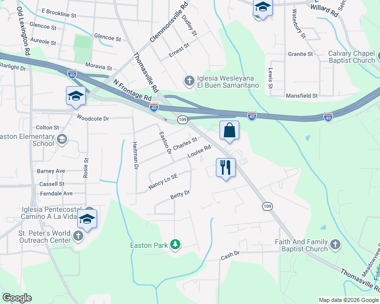 map of restaurants, bars, coffee shops, grocery stores, and more near 1109 Louise Road in Winston-Salem
