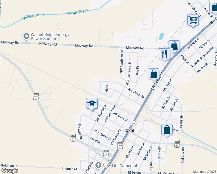 map of restaurants, bars, coffee shops, grocery stores, and more near 512 Northwest Annie Street in Hoxie