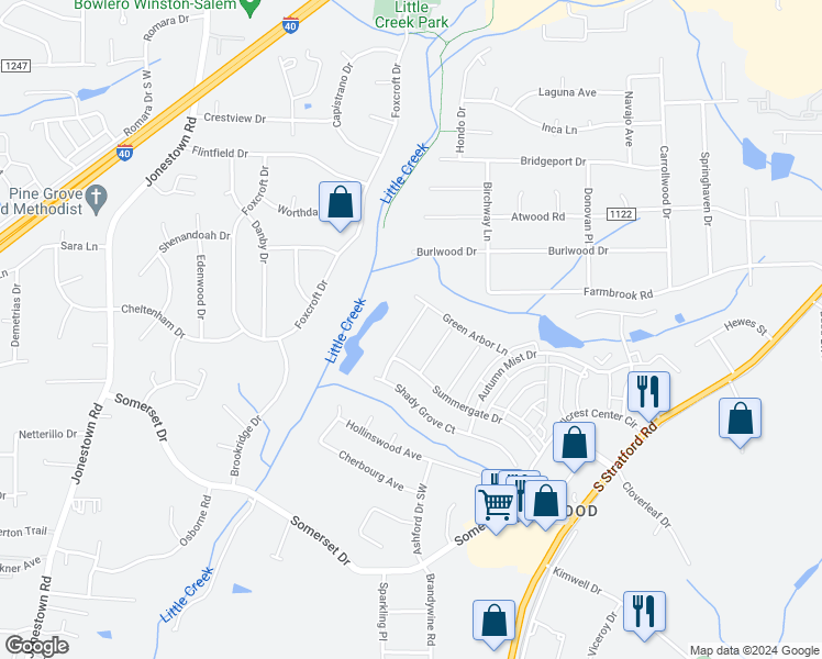 map of restaurants, bars, coffee shops, grocery stores, and more near 2425 Dog Leg Drive in Winston-Salem