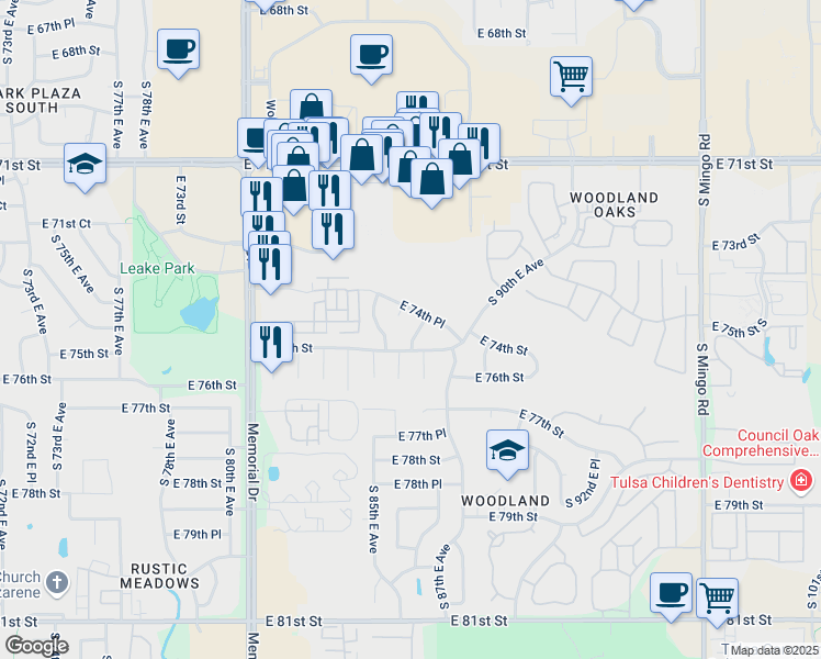 map of restaurants, bars, coffee shops, grocery stores, and more near 7416 South 87th East Avenue South in Tulsa
