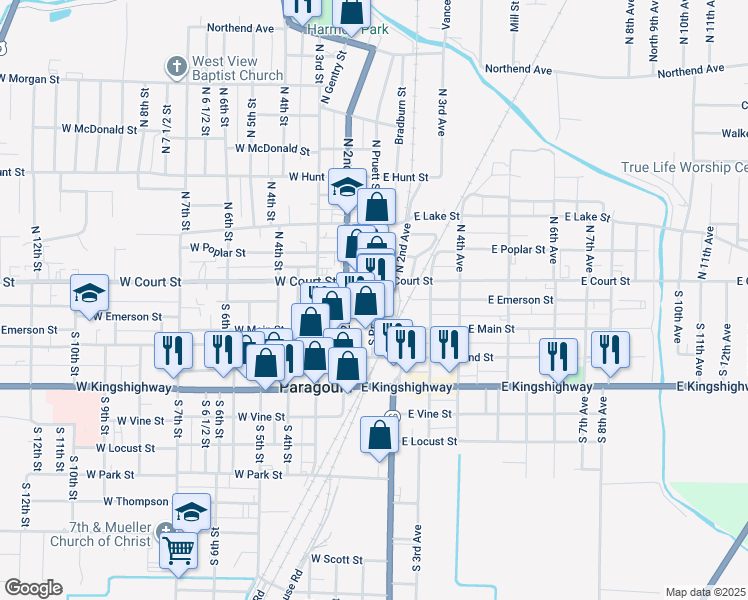 map of restaurants, bars, coffee shops, grocery stores, and more near 200 South Pruett Street in Paragould