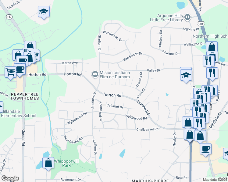 map of restaurants, bars, coffee shops, grocery stores, and more near 1014 Horton Road in Durham