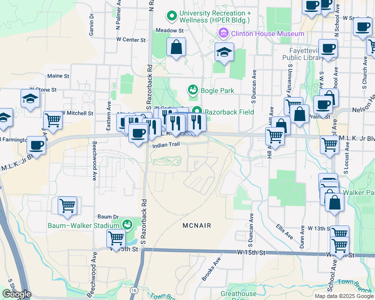map of restaurants, bars, coffee shops, grocery stores, and more near 1099 South Rose Avenue in Fayetteville