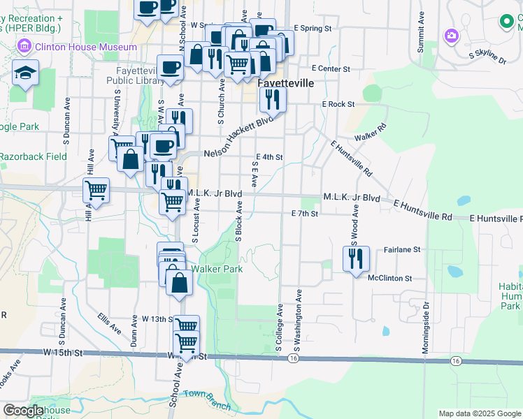 map of restaurants, bars, coffee shops, grocery stores, and more near 28 East 7th Street in Fayetteville