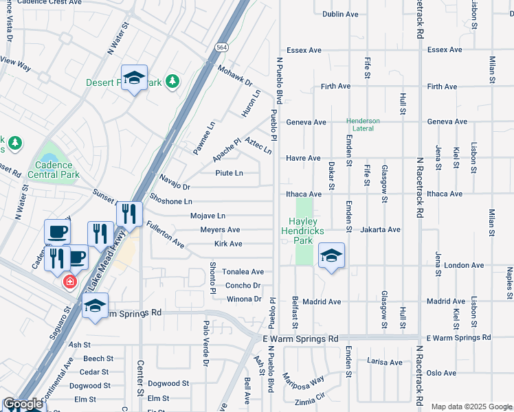 map of restaurants, bars, coffee shops, grocery stores, and more near 252 Shoshone Lane in Henderson