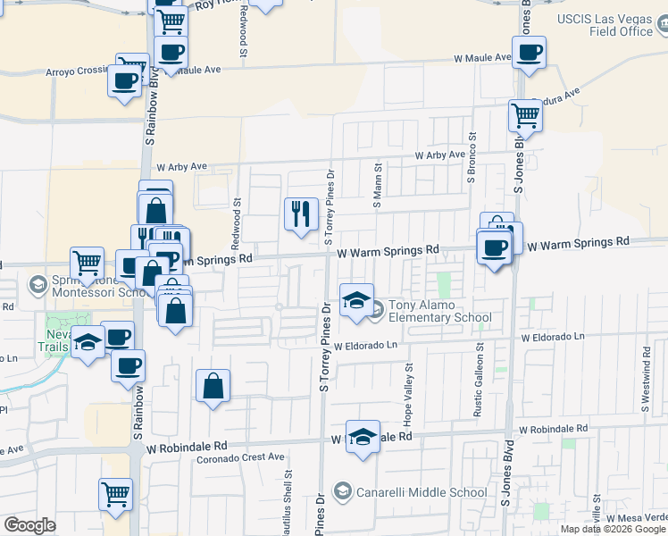 map of restaurants, bars, coffee shops, grocery stores, and more near 7323 Prussian Green Street in Las Vegas