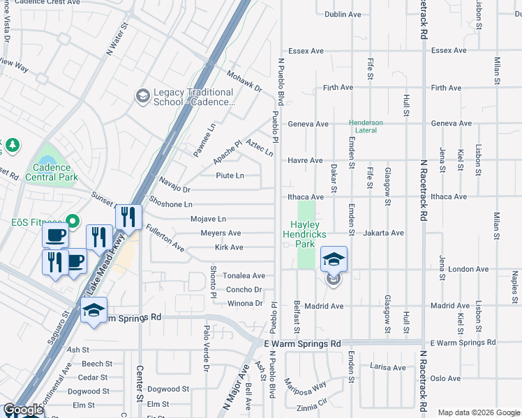 map of restaurants, bars, coffee shops, grocery stores, and more near 252 Shoshone Lane in Henderson