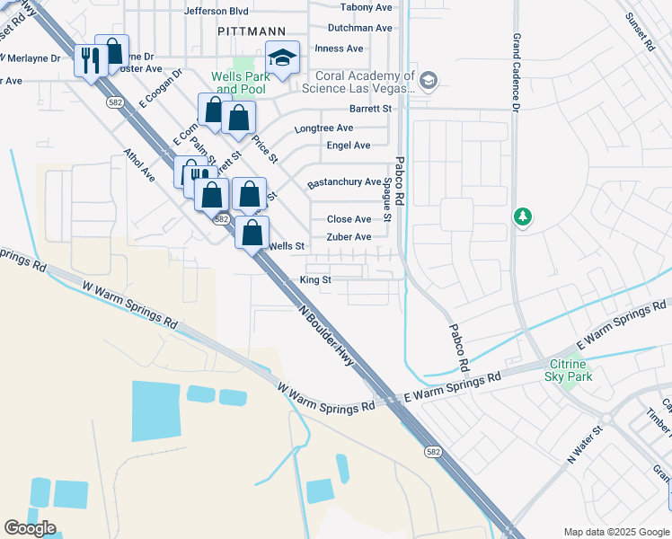 map of restaurants, bars, coffee shops, grocery stores, and more near 117 King Street in Henderson