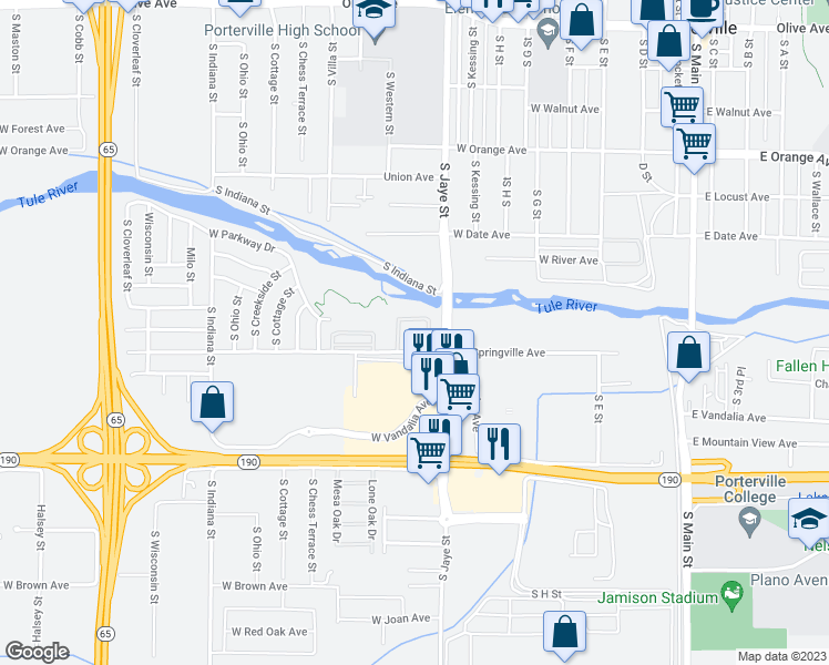 map of restaurants, bars, coffee shops, grocery stores, and more near 450 West Springville Drive in Porterville