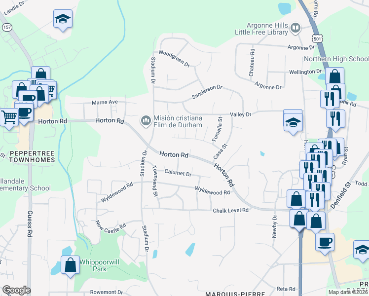 map of restaurants, bars, coffee shops, grocery stores, and more near 1014 Horton Road in Durham