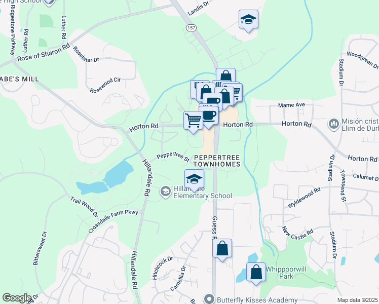 map of restaurants, bars, coffee shops, grocery stores, and more near 2100 Peppertree Street in Durham