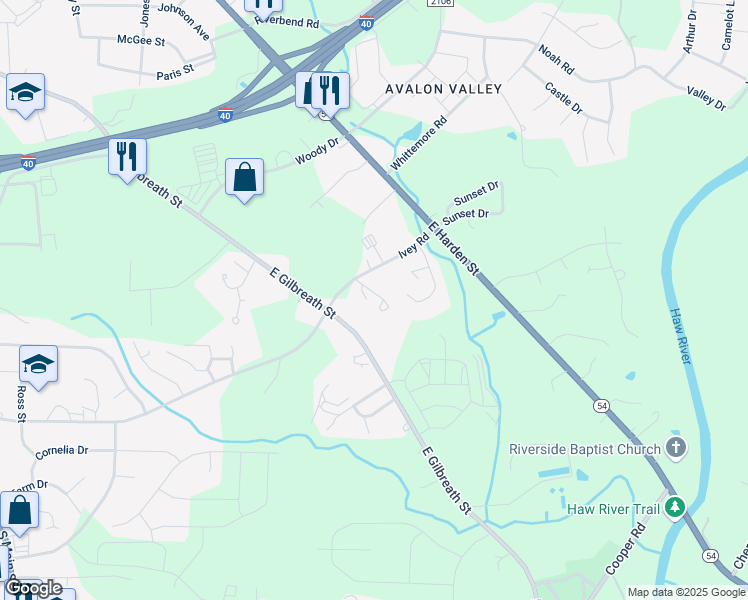 map of restaurants, bars, coffee shops, grocery stores, and more near 1011 Ivey Road in Graham