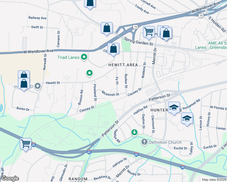 map of restaurants, bars, coffee shops, grocery stores, and more near 1026 Fir Place in Greensboro
