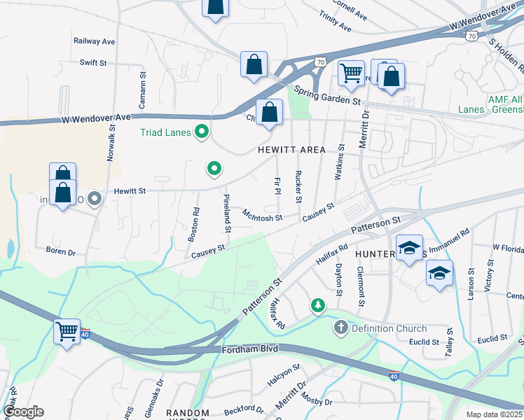 map of restaurants, bars, coffee shops, grocery stores, and more near 1026 Fir Place in Greensboro