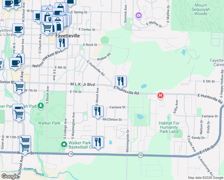 map of restaurants, bars, coffee shops, grocery stores, and more near 501-599 East Miracle Drive in Fayetteville